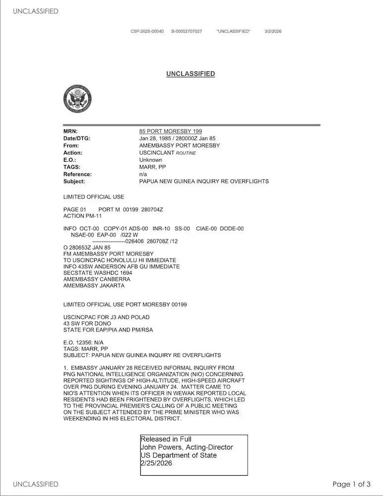 State Department UAP Cable 1, Papua New Guinea, January 28, 1985