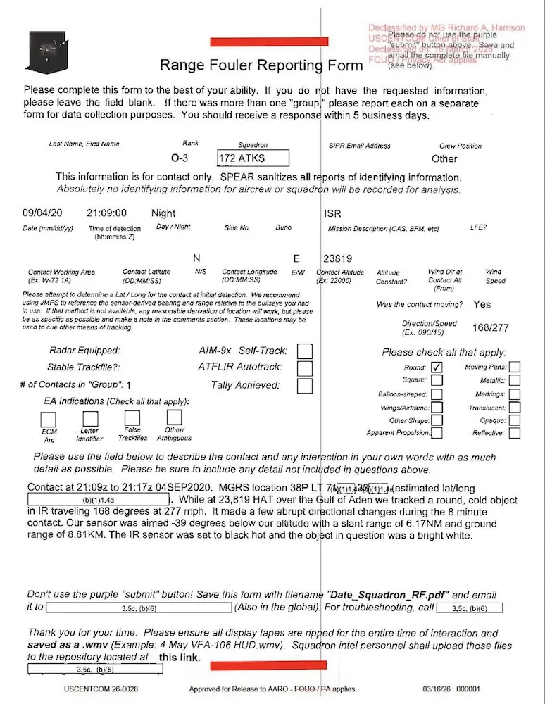 DOW-UAP-D57, Range Fouler Reporting Form, Gulf of Aden, September 2020