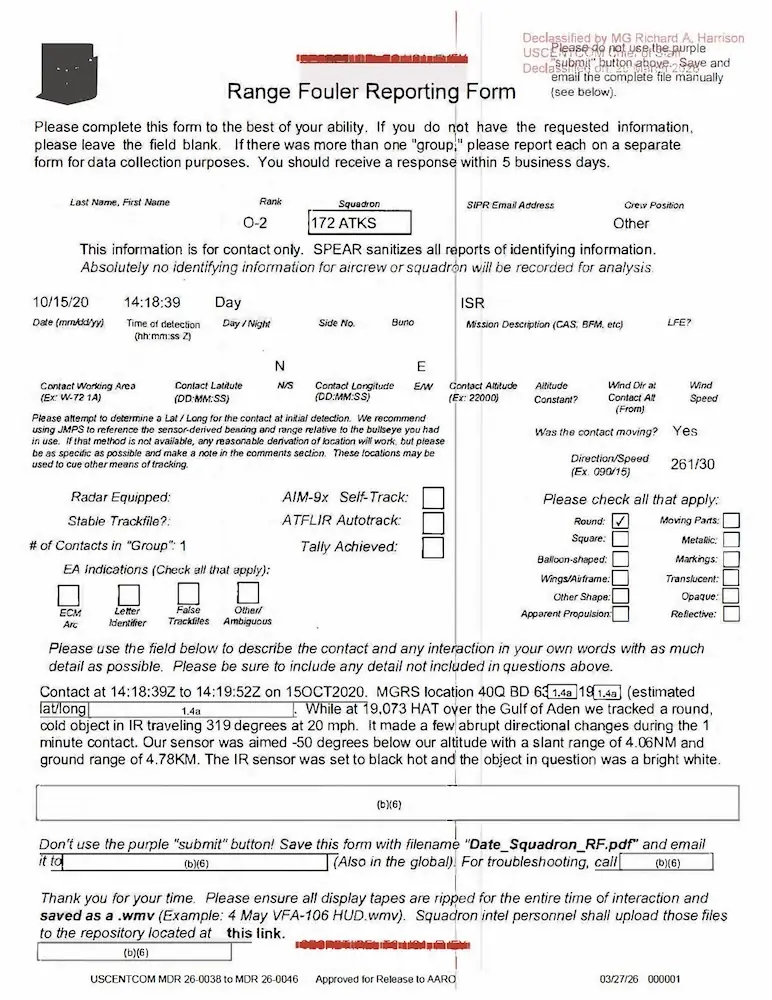 DOW-UAP-D44, Range Fouler Reporting Form, Gulf of Aden, October 2020